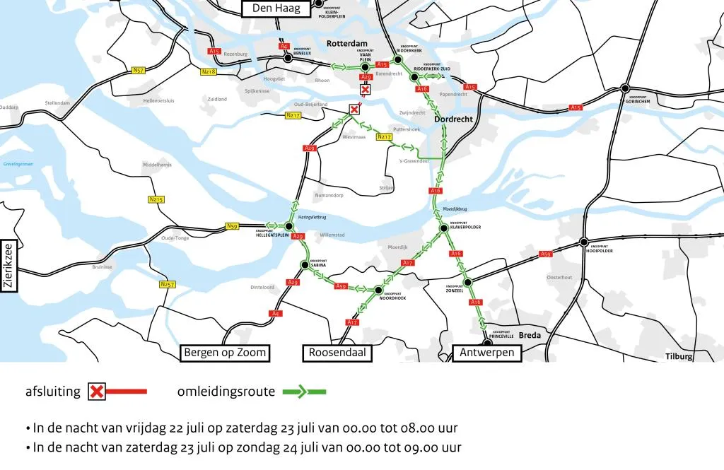 omleiding werkzaamheden heinenoordtunnel 24 juli