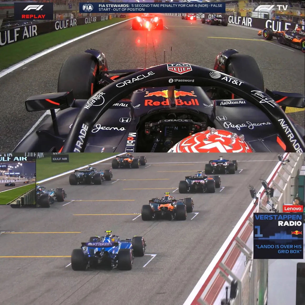 Max Verstappen meldt Lando Norris uit zijn grid box