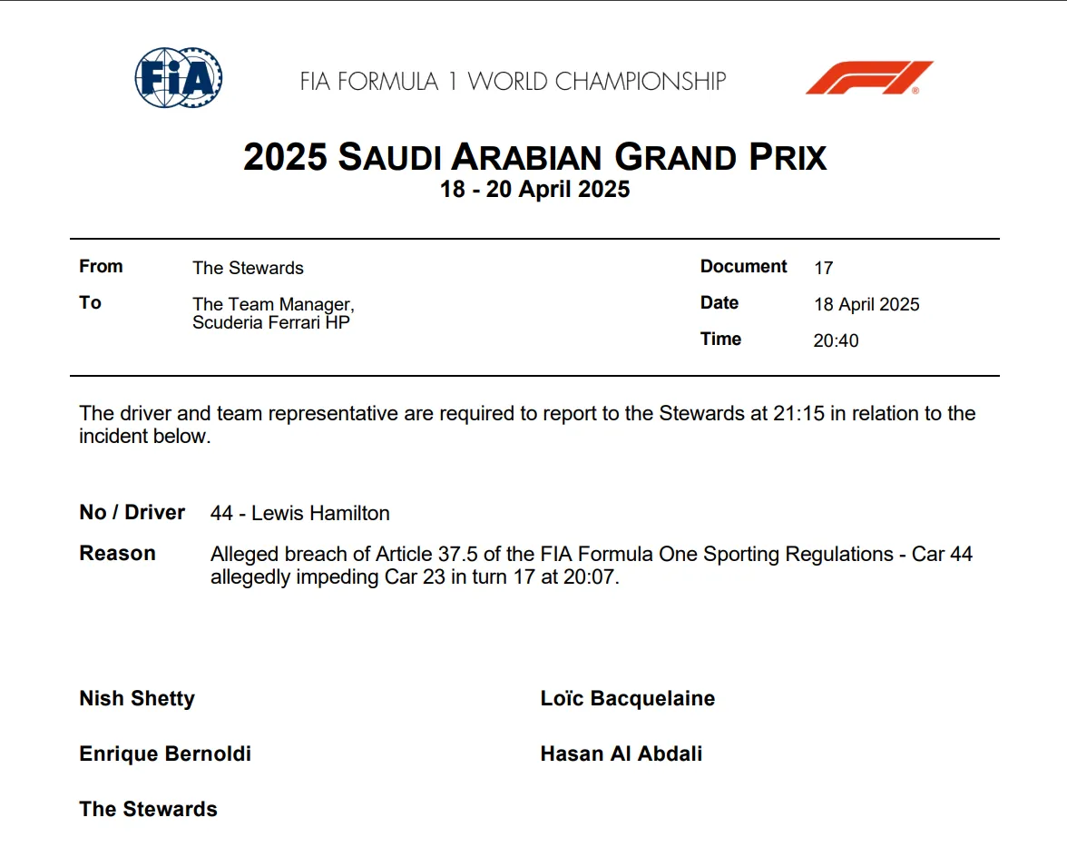 Document de la FIA convoquant Lewis Hamilton
