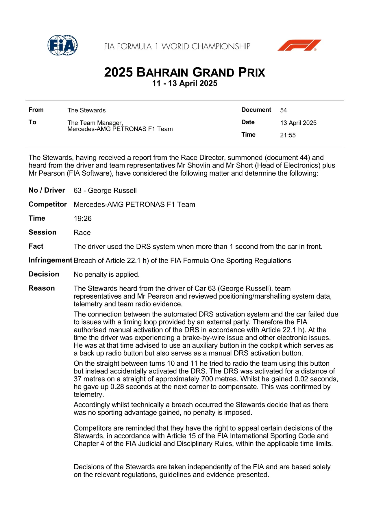 FIA Stewards' verdict on Russell's DRS infringement