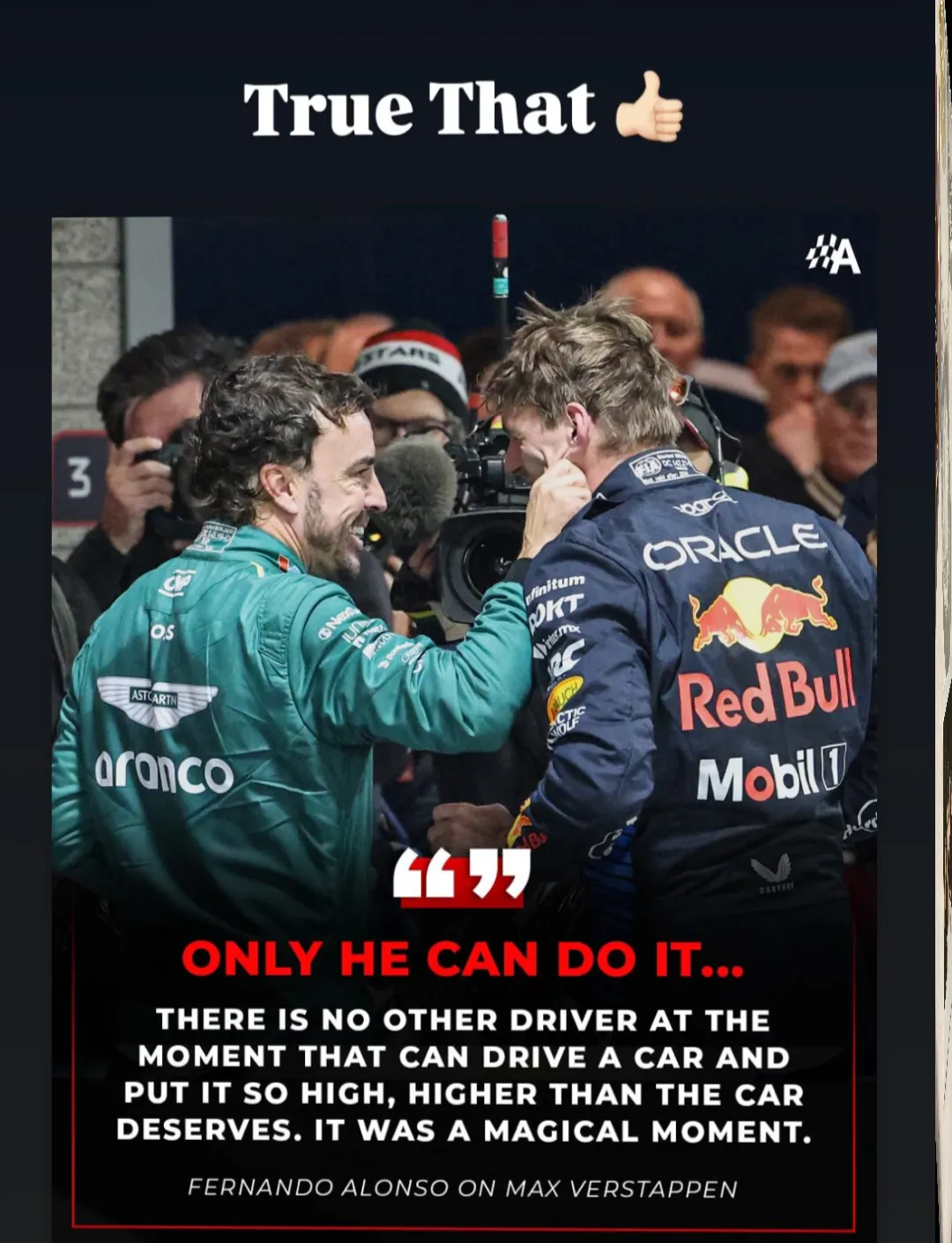 Publicación de Instagram de Damon Hill que está de acuerdo con Fernando Alonso sobre Max Verstappen