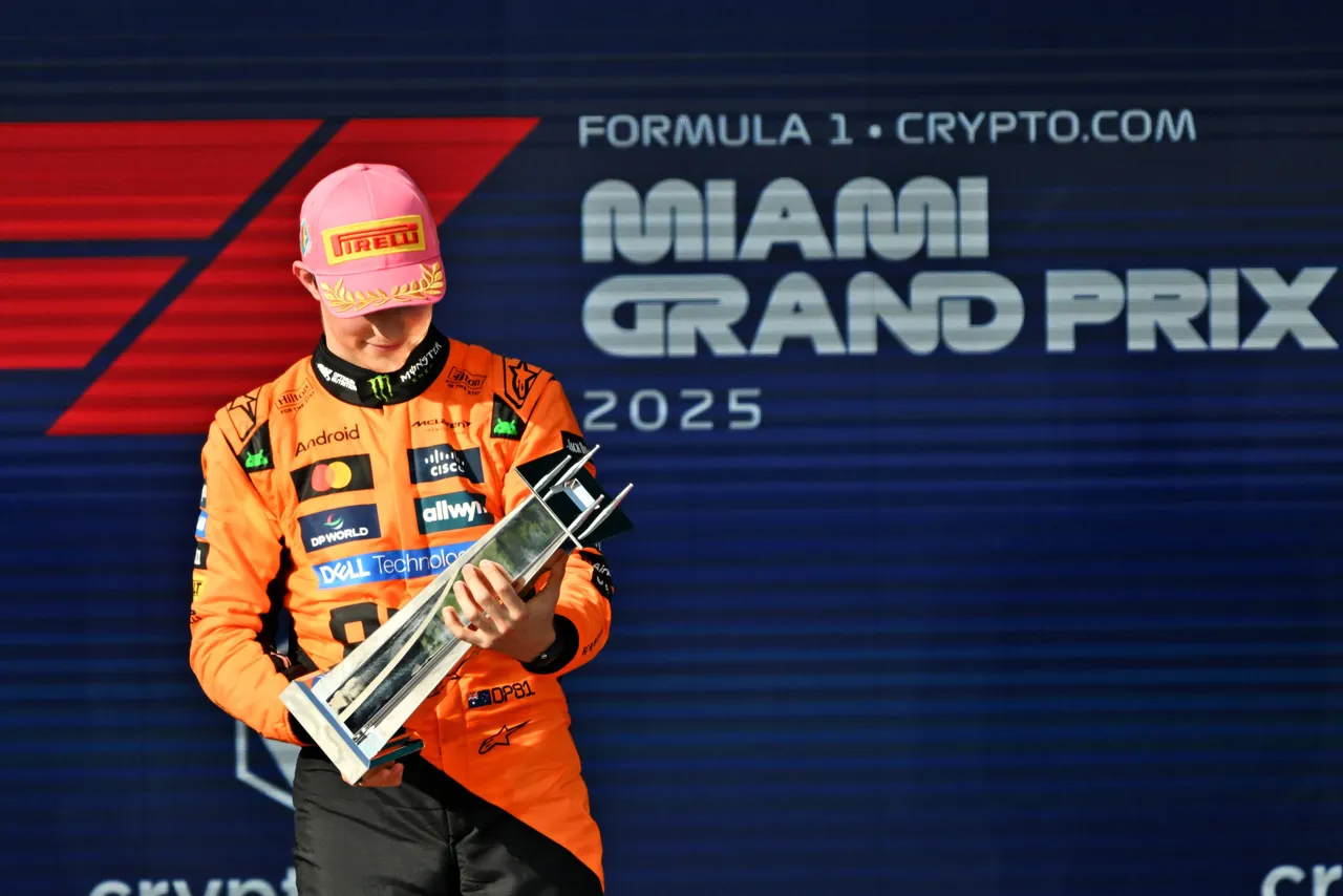 Oscar Piastri pictured on the podium at the Miami Grand Prix