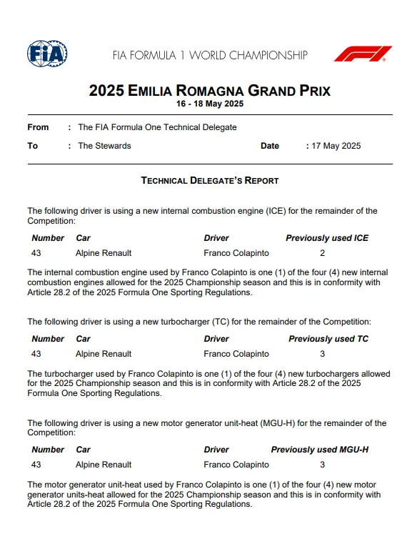FIA document met nieuwe motoronderdelen voor Colapinto