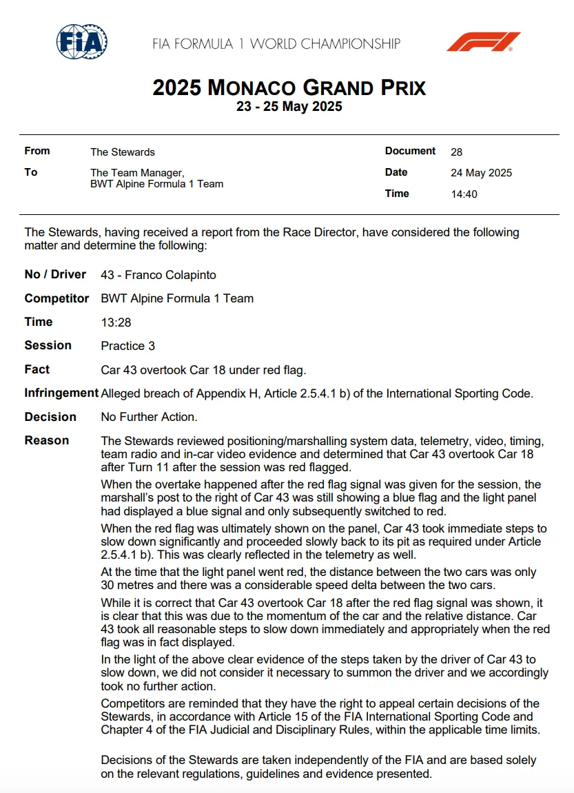 De beslissing van de stewards in Monaco