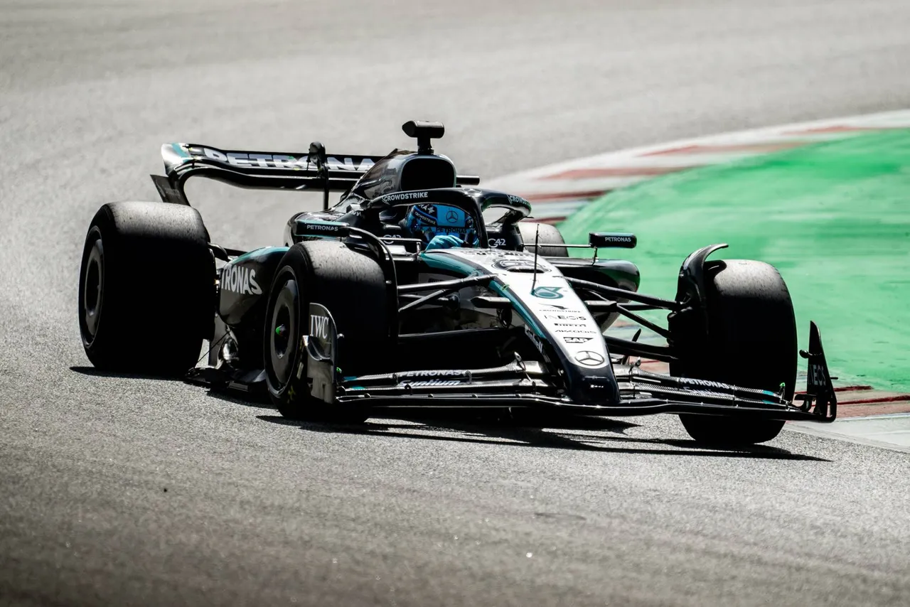 Russell tests the 2026 Pirelli tires on the Mercedes AMG W15 at the Circuit de Barcelona-Catalunya. Source: Pirelli.