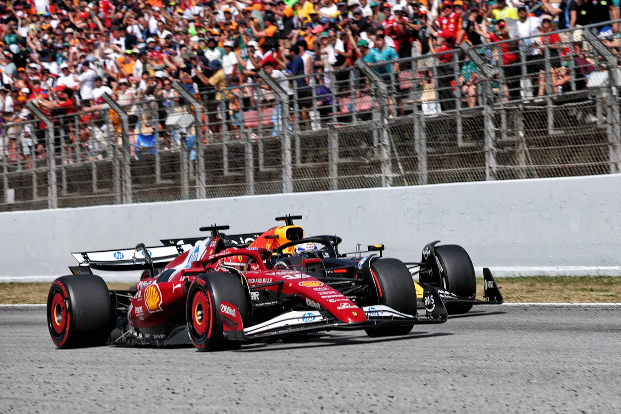Max Verstappen and Charles Leclerc during the 2025 Spanish GP