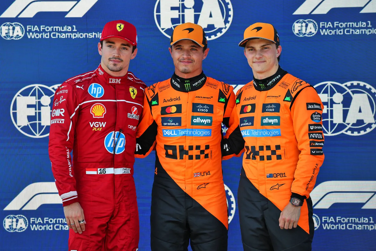 Oscar Piastri lines up third, with teammate Lando Norris in first and Ferrari's Charles Leclerc in second.