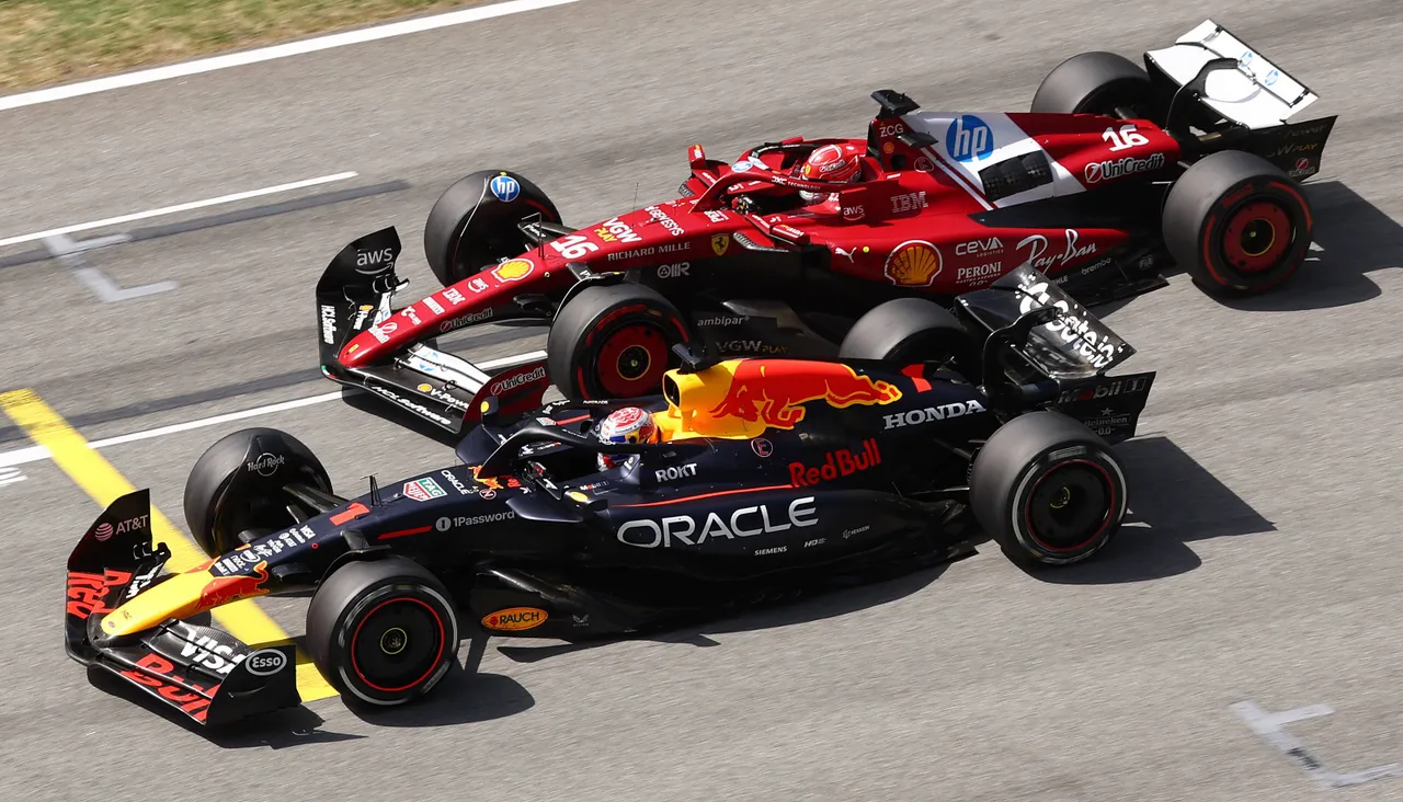 Charles Leclerc and Max Verstappen side-by-side on the start/finish straight at the Spanish Grand Prix