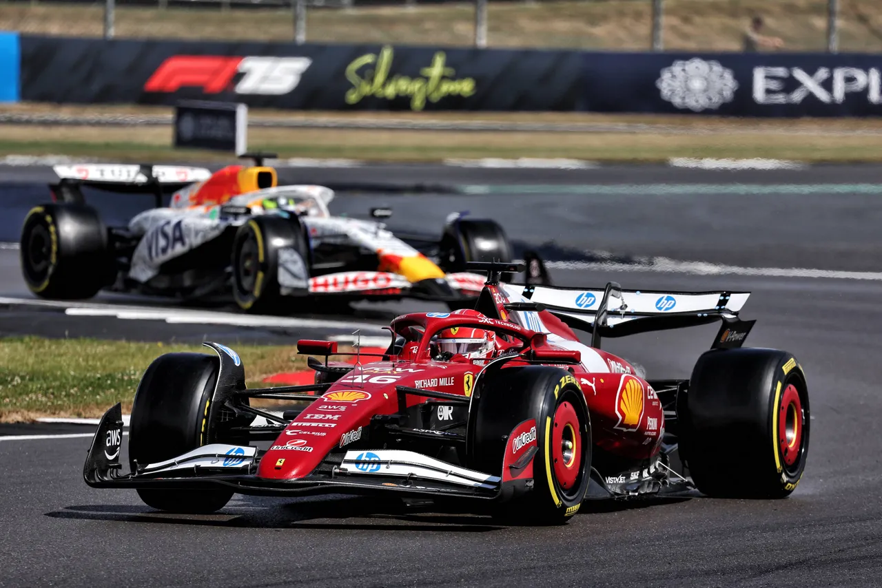 Leclerc on damp slick tyres at Silverstone