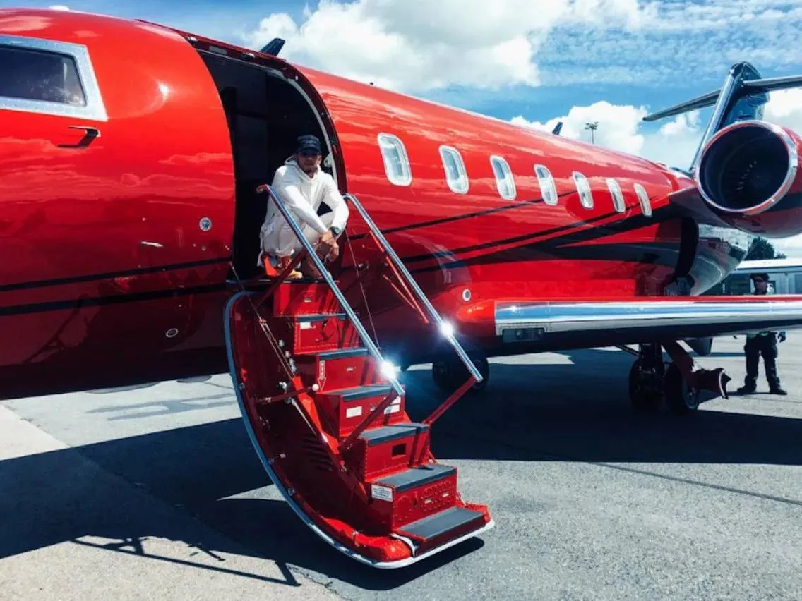 Hamilton on his former private jet&nbsp;