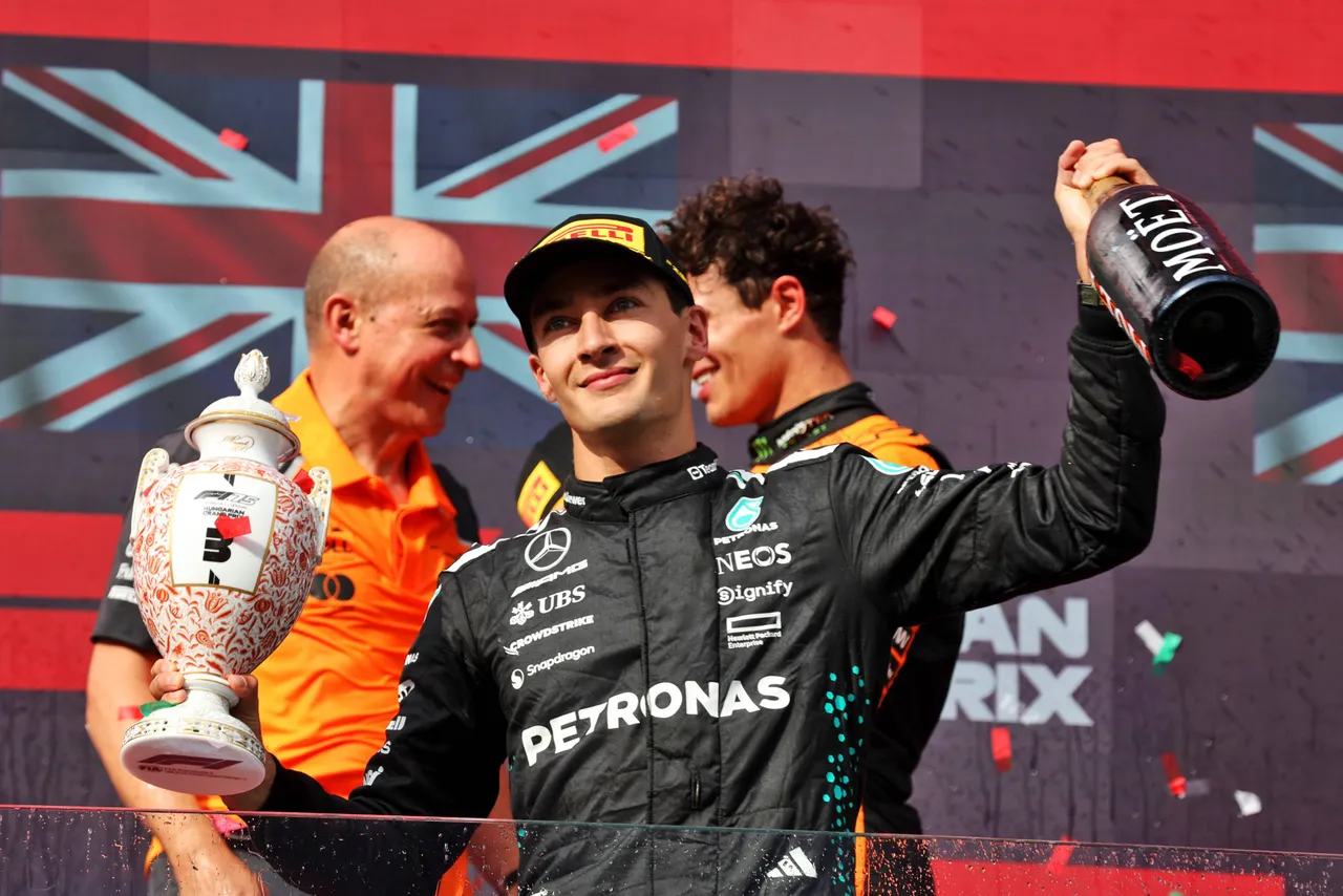 George Russell celebrates P3 finish at Hungary