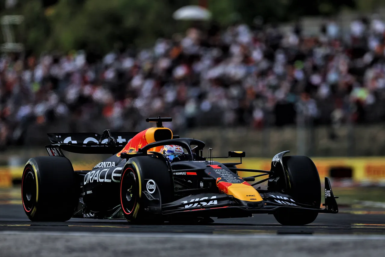 Max Verstappen drives the RB21 at the Hungaroring