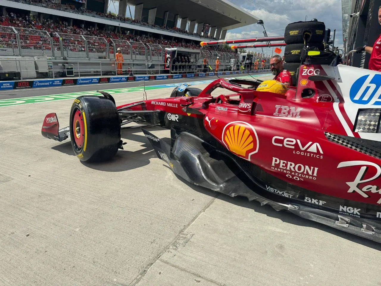 Lewis Hamilton exiting the Ferrari garage in Hungary