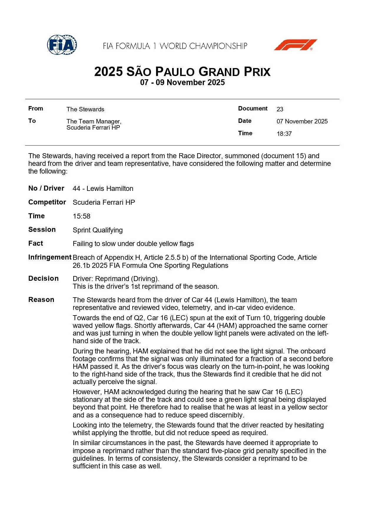 2025 São Paulo Grand Prix - Infringement - Car 44 - Failing to slow for double yellow flags (1)_page-0001