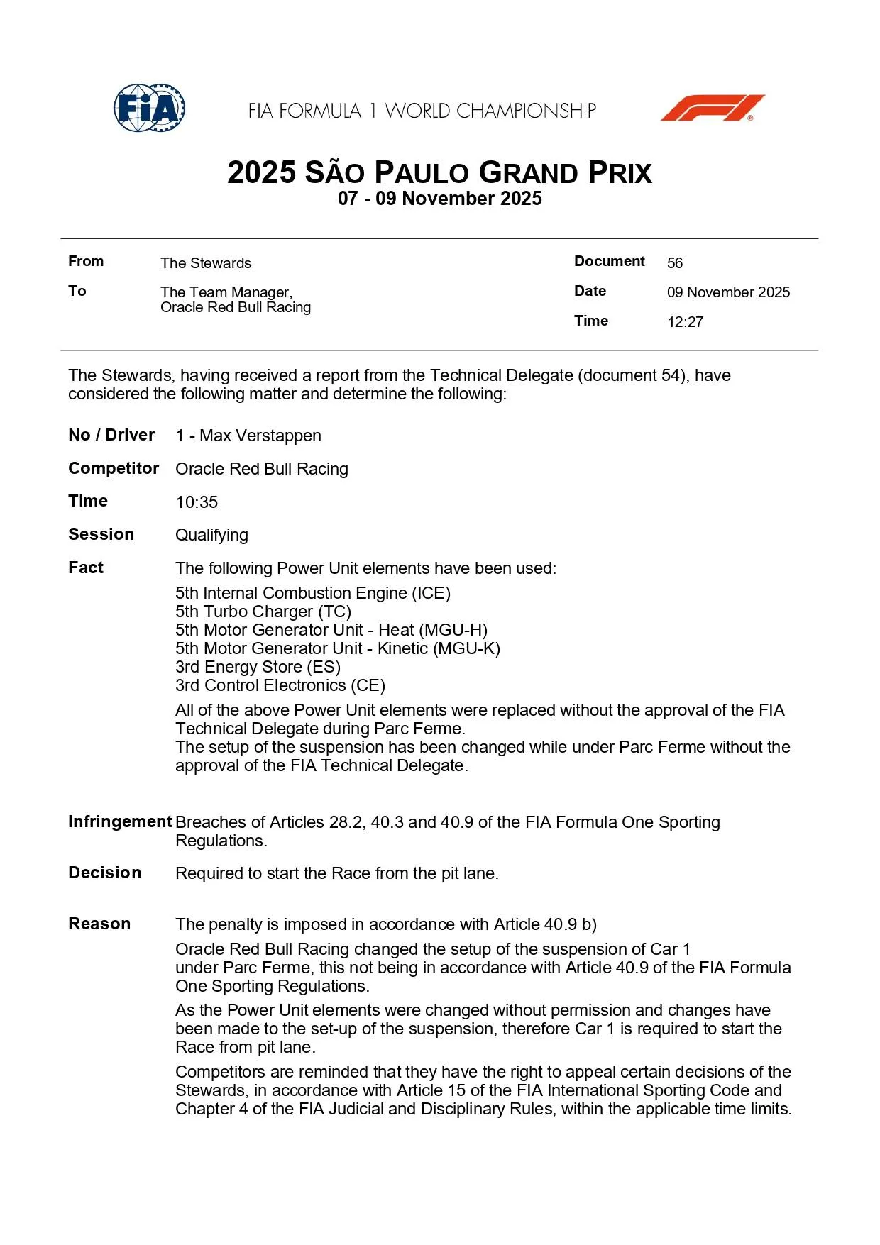 DOC 56 - 2025 São Paulo Grand Prix - Infringement - Car 1 - PU elements and changes made during Parc Ferme_page-0001