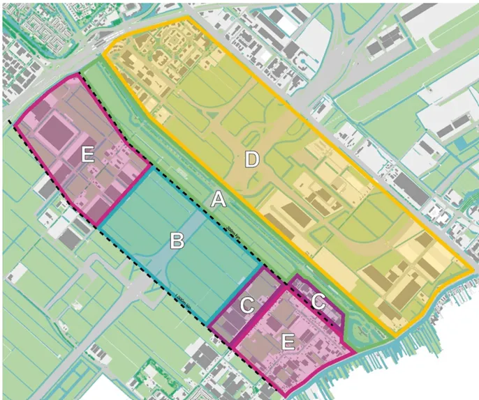 Kaart Geniedijk de 5 deelgebieden