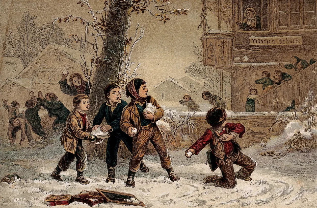 groups of children are playing in the snow and throwing snow wellcome v0039334