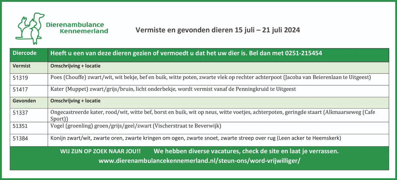 vermiste en gevonden dieren 15 juli 21 juli 2024