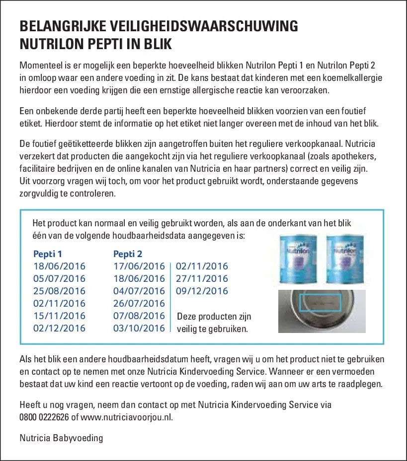 belangrijke veiligheidswaarschuwing nutrilon pepti