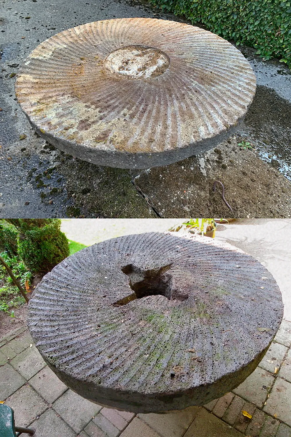 De originele molenstenen van de rosmolen zijn nu in Vlijmen nog in gebruik als tuintafel