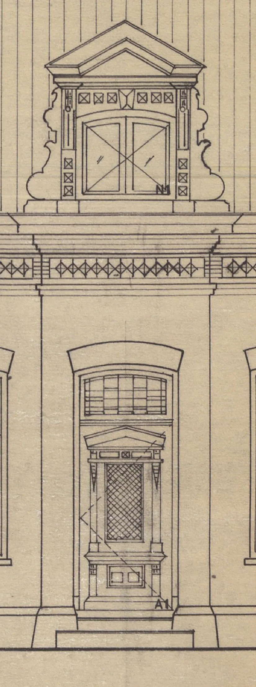Detailtekening van de voordeur en de dakkapel. Bij beiden zijn de driehoekige timpaan, de pilasters en het basement herkenbaar. Tekening: Arch. Bureau Teering – Van der Vliet.