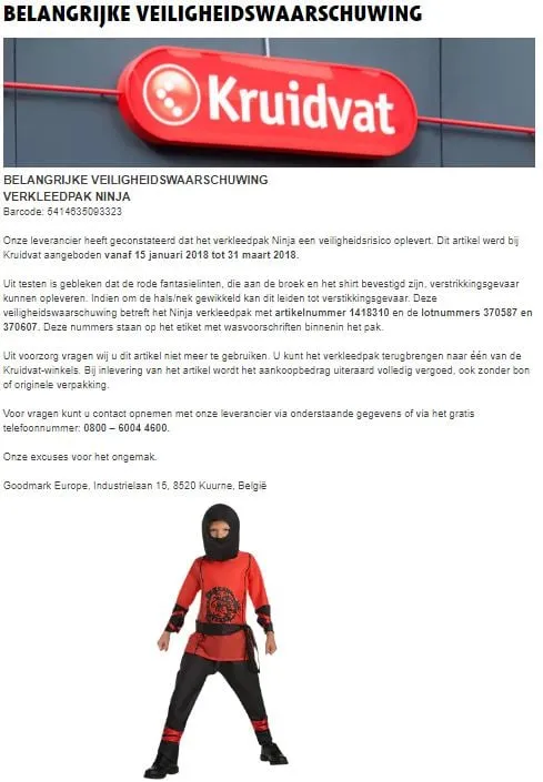 recall kruidvat goodmark verkleedpak ninja