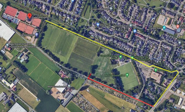 Bouwroute (rood) en verkeersomleiding fietsers (geel)<br>