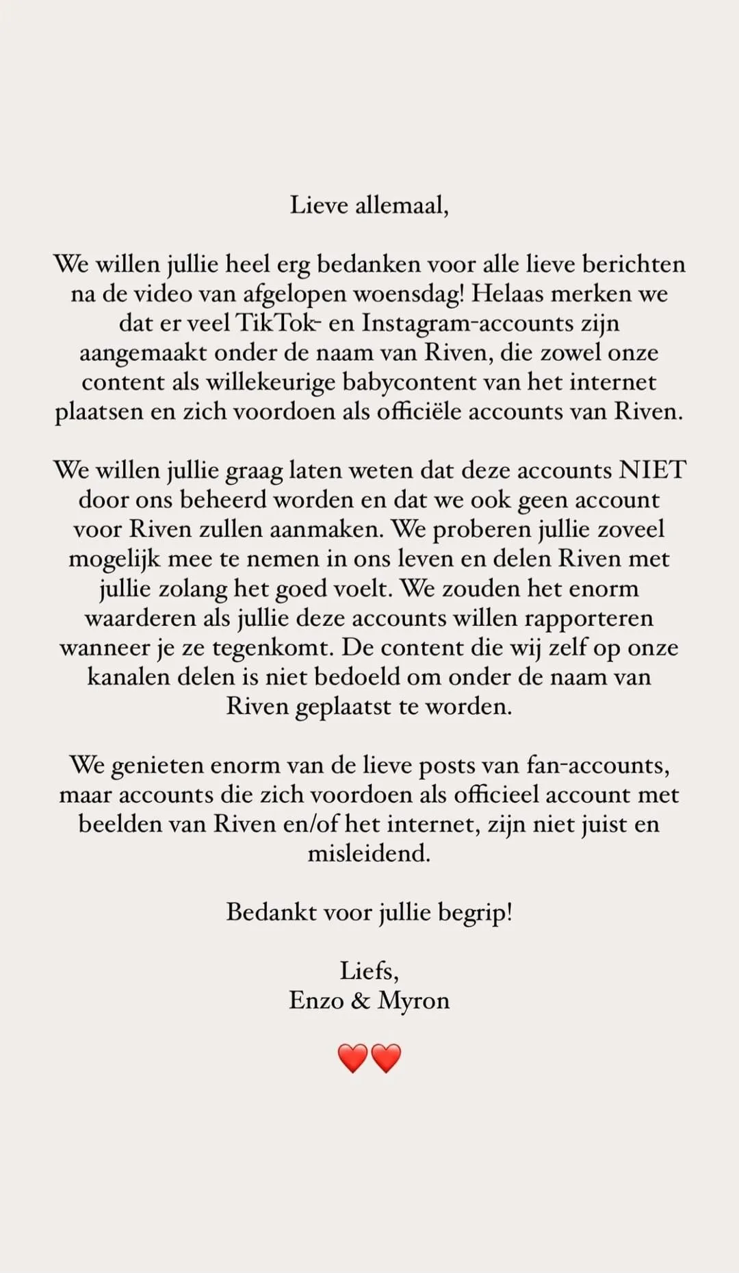 enzo knol en myron koops delen nieuws over baby riven