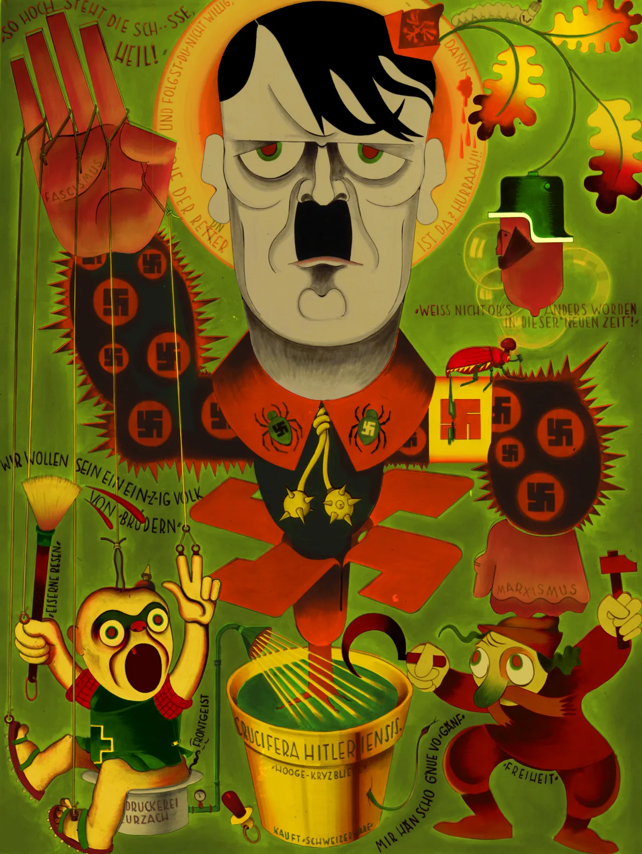 Keurenreconstructie van poster uit 1933 waarop Hitler belachelijk werd gemaakt door carnavalsvereniging Alti Stainlemer in Basel 1933