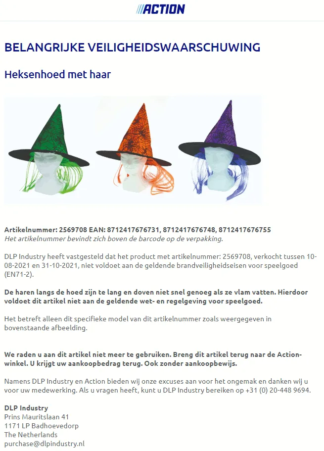 recall action heksenhoeden