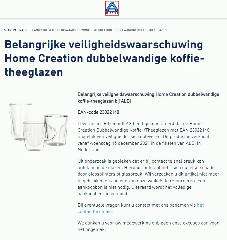 recall aldi home creations koffie theeglazen
