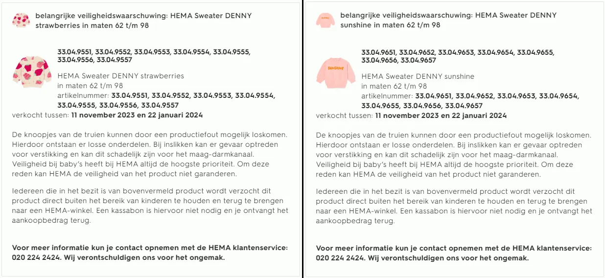 recall hema denny sweaters