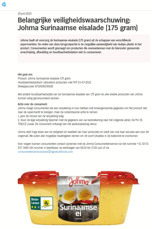 recall johma salade surinaams ei