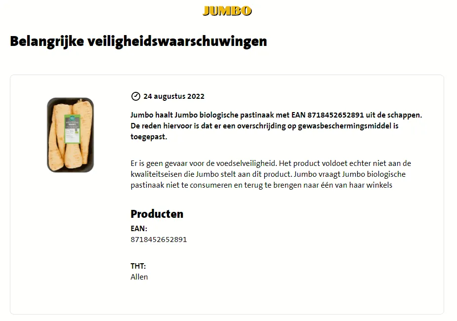 recall jumbo biologische pastinaak