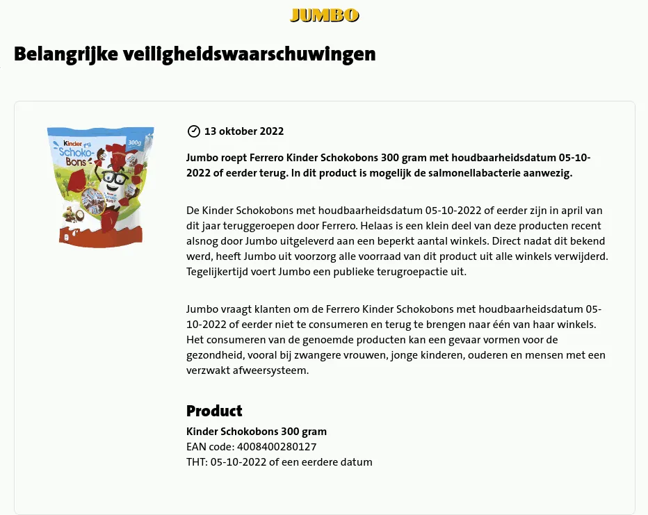 recall jumbo ferrero kinder schokobons