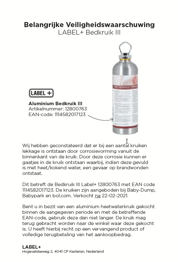 recall labelplus bedkruik iii