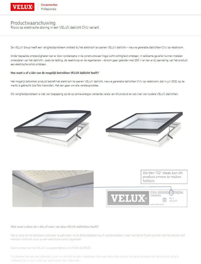 recall velux dakraam