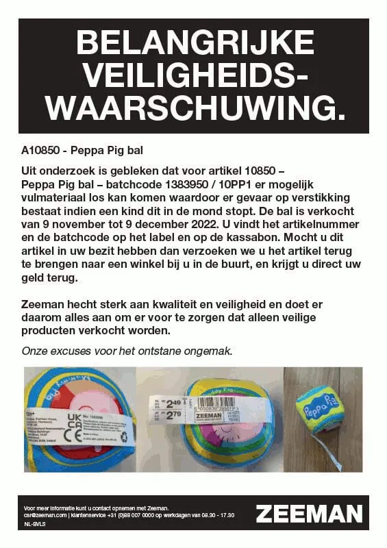 recall zeeman peppa pig bal