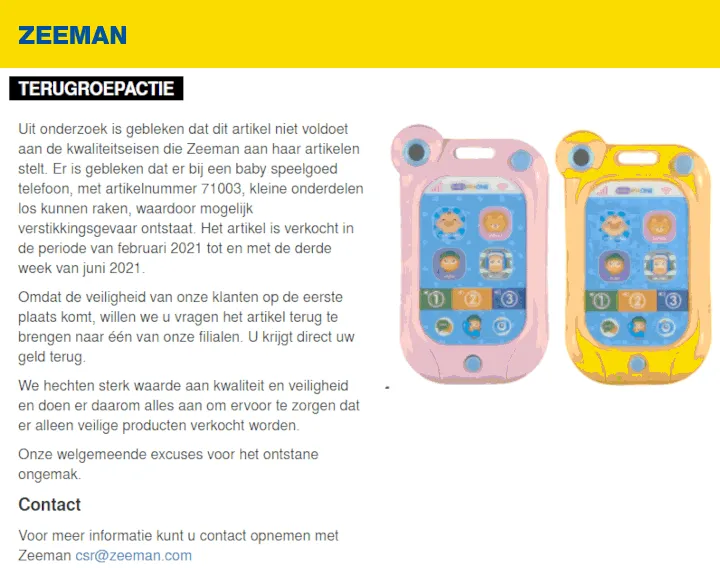 recall zeeman speelgoedtelefoon