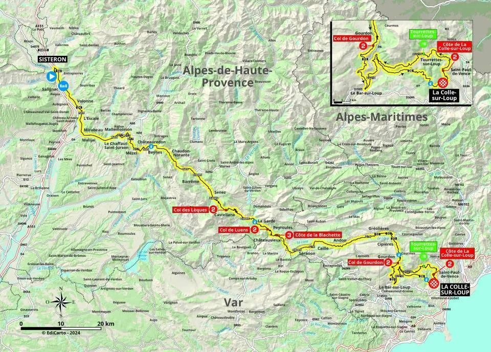 Karte Paris-Nizza 2024 Etappe 6 schematische Route mit Rundkurs&amp;lt;br&amp;gt;