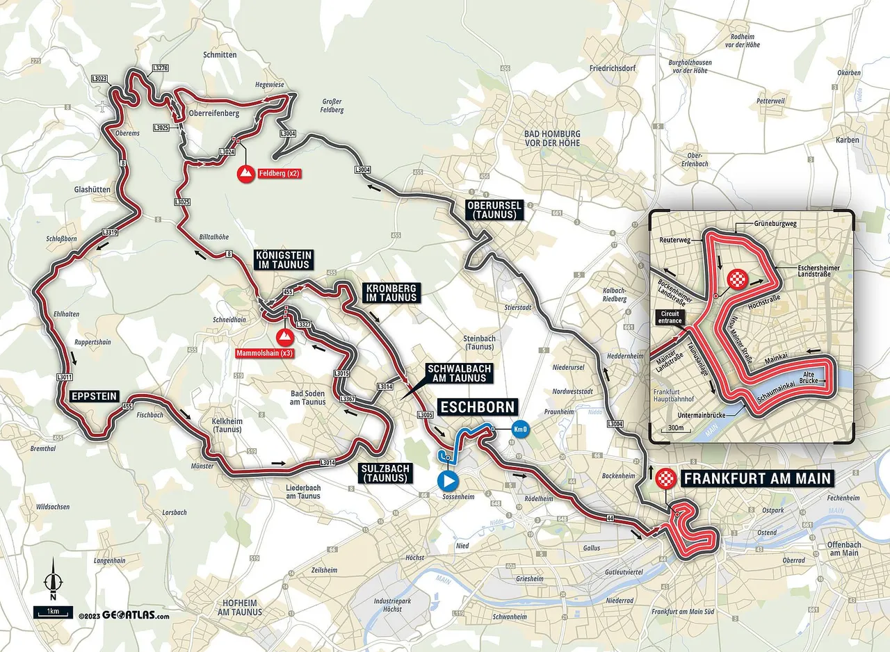 Karte Eschborn-Frankfurt 2024 schematische Route mit Rundkurs<br>