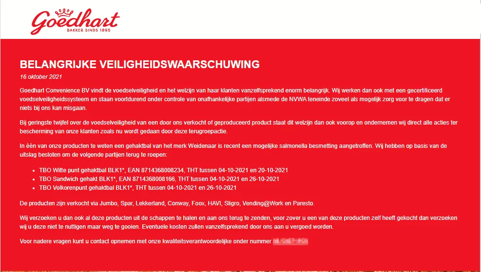 recall bakker goedhart broodjes gehakt