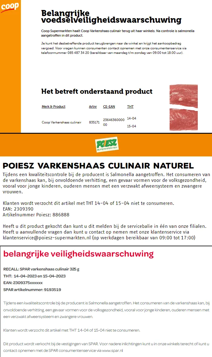 recall coop poiesz spar culinaire varkenshaas