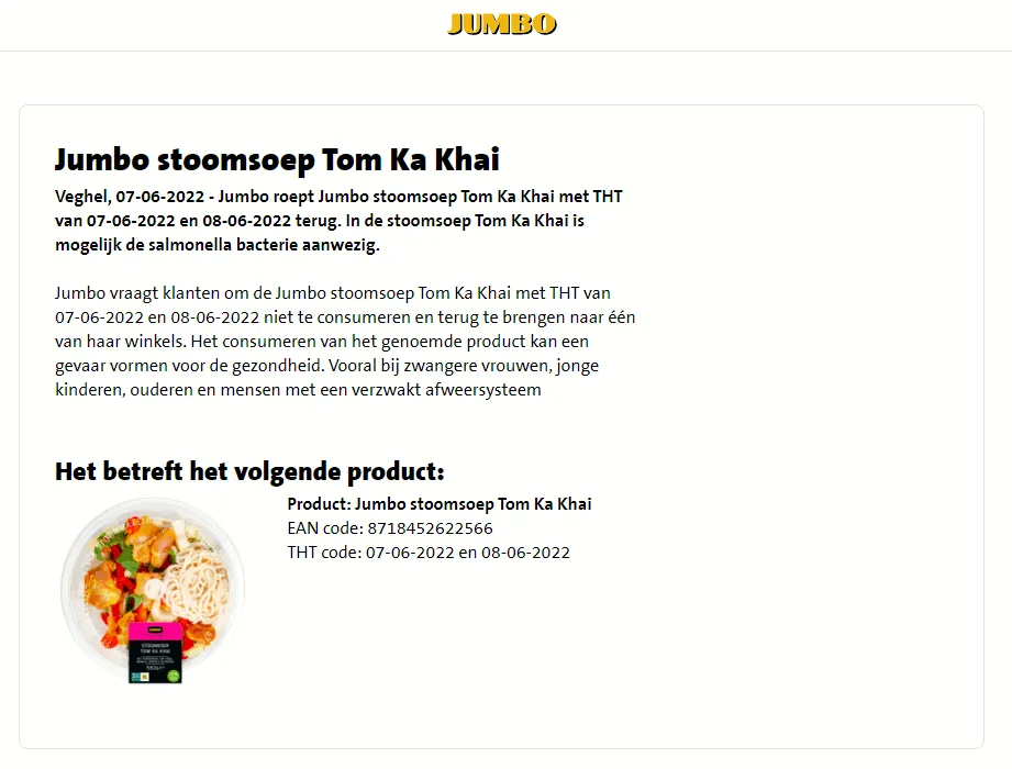 recall jumbo stoomsoep tom ka khai