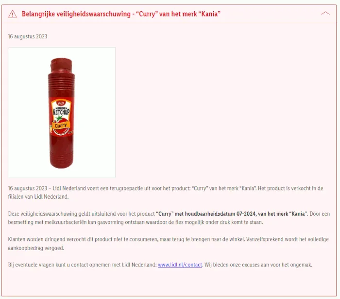 recall lidl kania kruidenketchup curry