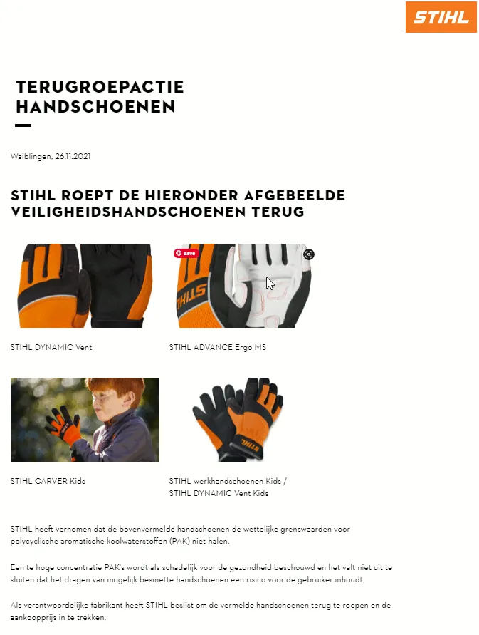 recall stihl handschoenen