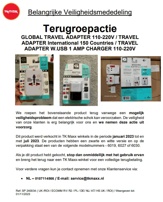 recall tkmaxx gtravel adapter