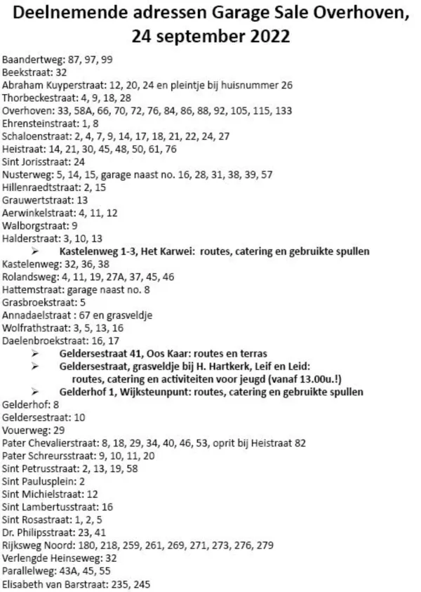 garage sale overhoven 2022 deelnemers