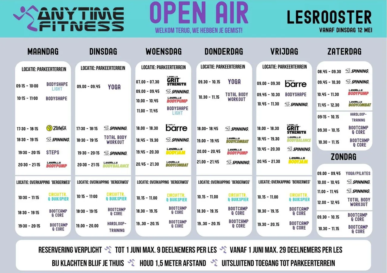 lestijdenschema anytime fitness open air coronacrisis