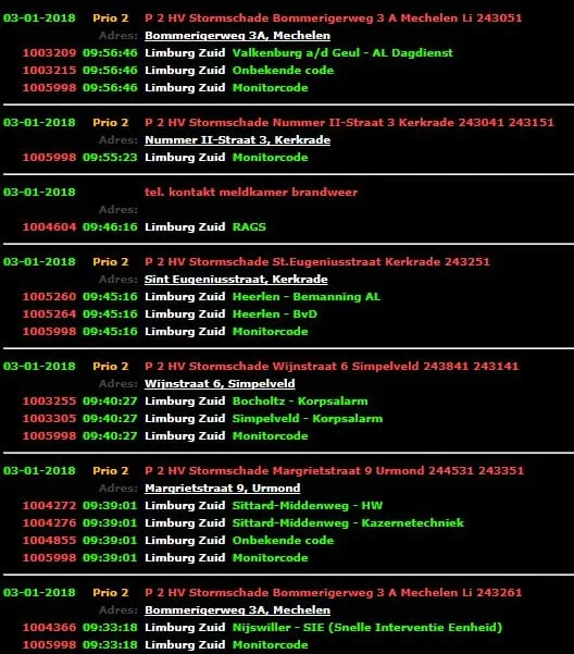 stormschademeldingen p2000 op 3 januari 2018